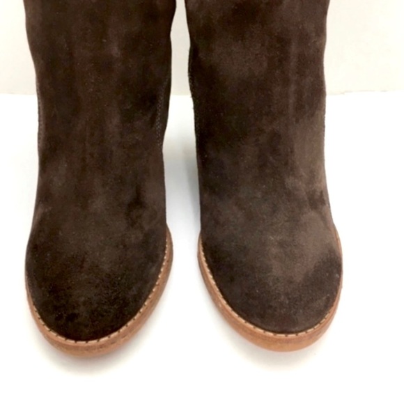 COLE Haan Michelle Belted Suede Fur Cuffs Knee High Wedge Boot Brown Size 5 - Picture 3 of 9